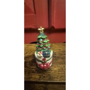 Christmas Tree And Presents Hinged Ceramic Trinket Box 4” Gold Star Collectible
